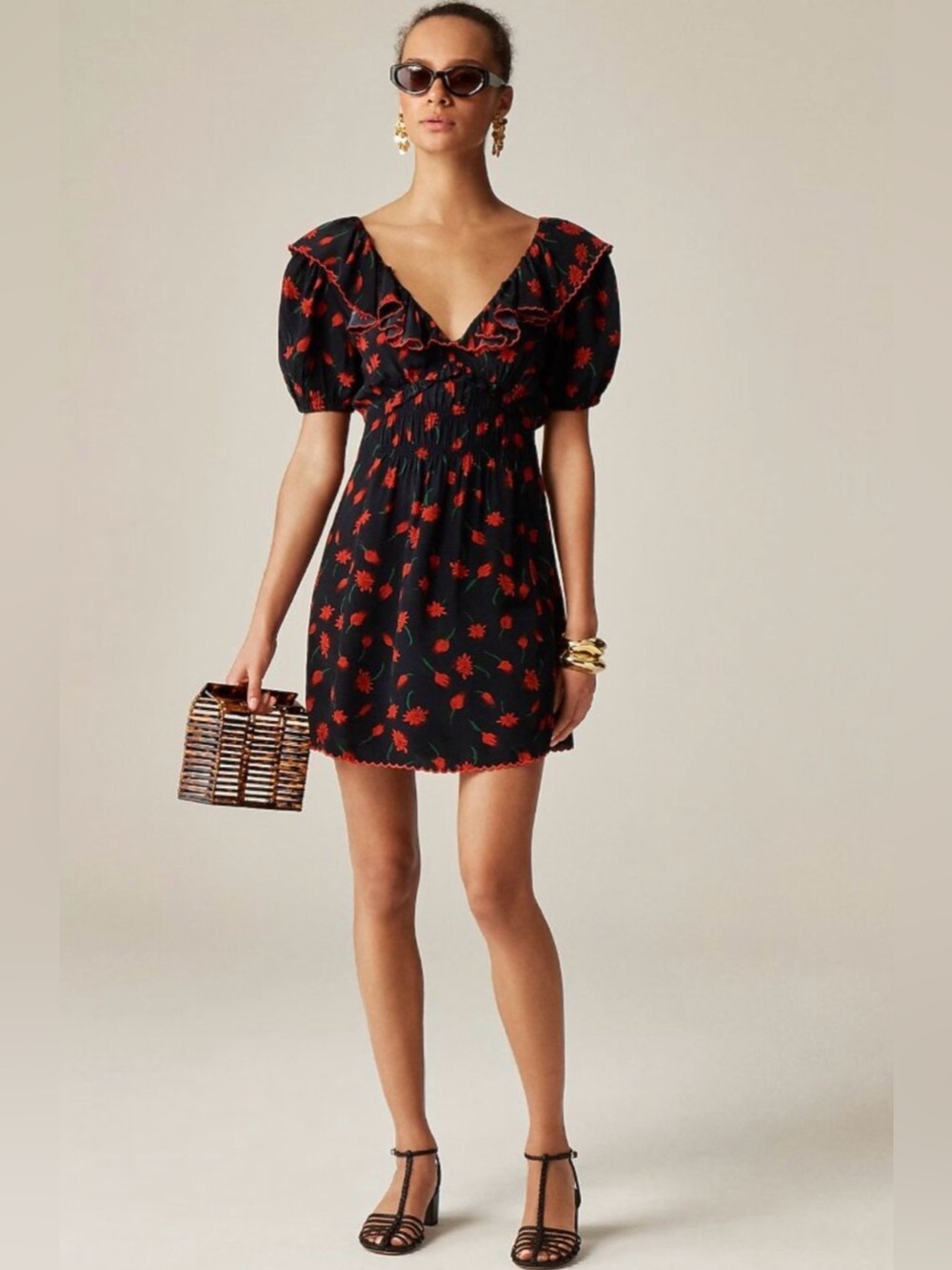J. Crew Black Mini Dress with Red Floral Print and Ruffle Neck 8